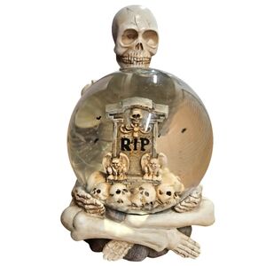 Skeleton Water Globe With Tombstone And Skulls Glitter And Bats 7 Inch Halloween